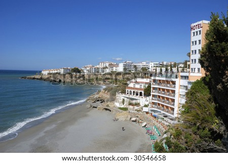 Mediterranean Sea, Nerja, (Andalusia) Spain with hotels and holiday apartments.Seen from the Balcony of Europe in Nerja.