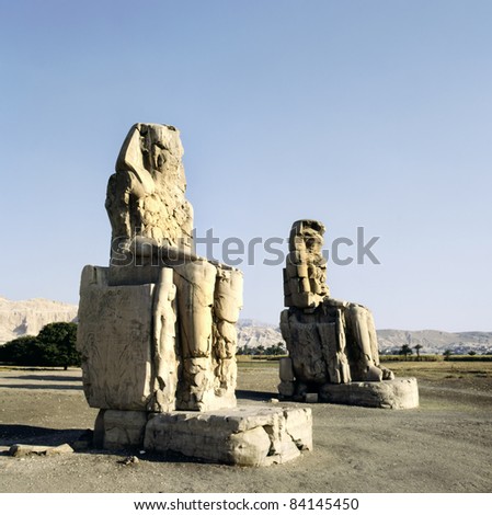 Massive stone statues of Pharaoh Amenhotep III in the Valley of the Kings,Luxor,Egypt