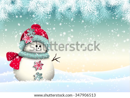 Cute snowman in snowy landscape, christmas winter theme, seasonal background, vector illustration, eps 10 with transparency and gradient meshes