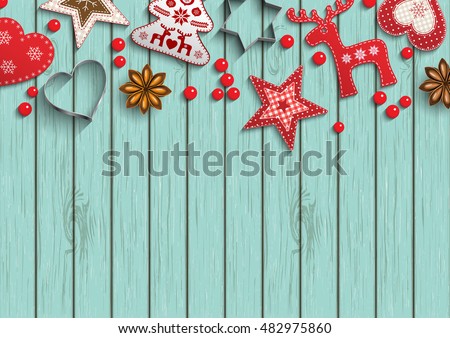 Christmas background, small scandinavian styled red decorations lying on blue wooden background, inspired by flat lay style, vector illustration, eps 10 with transparency