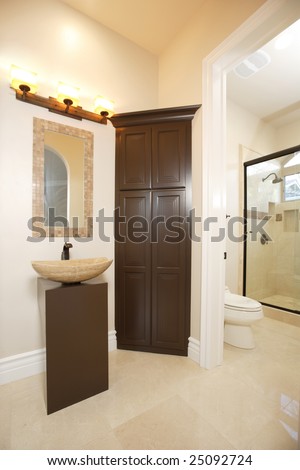 A modern bathroom with two sinks and dark wood walls
