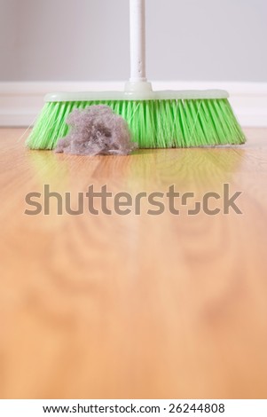 Spring Cleaning sweeping large dust bunny on a hardwood floor