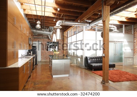 Modern kitchen in a huge loft