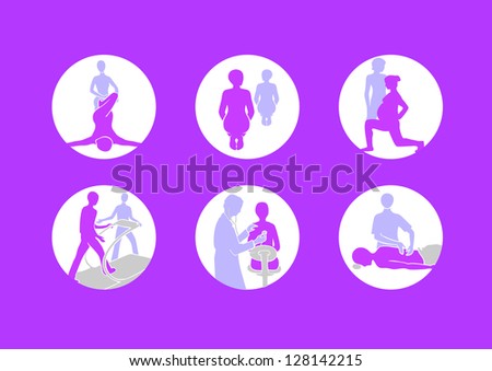 rehabilitation, massage, health exercises icons, simply vector shapes
