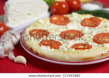 tasty pizza with tomato, onion and garlic