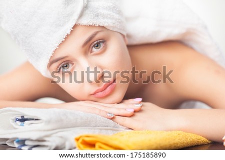 Spa skin care beauty woman in towel isolated on white