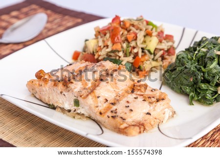 Healthy menu - delicious grill Salmon with side dishes