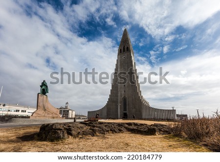 REYKJAVIK, ICELAND - April 03: Hallgrimskirkja Church is a famous and largest church in Reykjavik, Iceland, with statue of Leif Erikson,on April 03, 2014