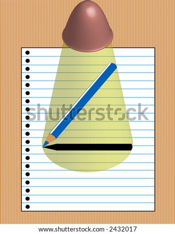 Table with paper page of a notebook with a pencil, under the light of a reading lamp