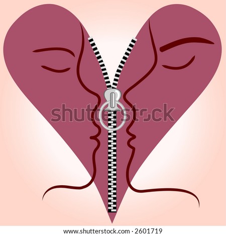 stock photo Man and woman in love heart with open zip