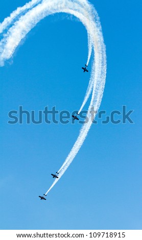 WESTON-SUPER-MARE, SOMERSET-JULY 23: Blades Aerobatic Display team performs for the thrilled crowds at the Grand Pier Air Show in Weston-super-Mare on Monday July 23, 2012.