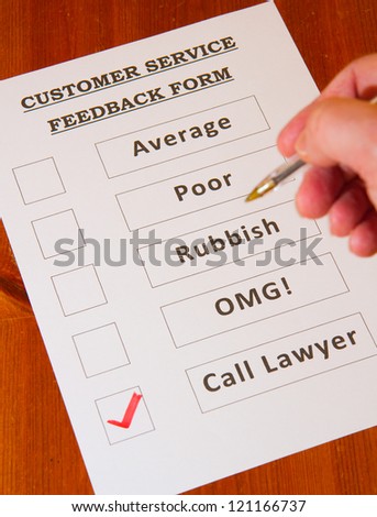 Customer Service Feedback Form with `Call Lawyers` checked on brown background