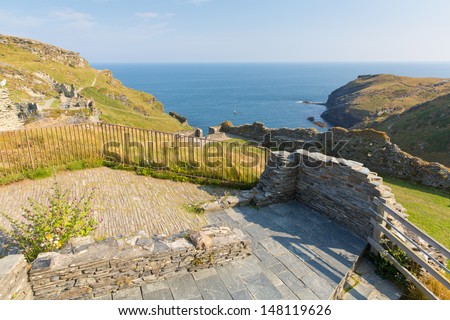 Tintagel Castle Cornwall believed to be the birthplace of King Arthur.  View towards Tintagel island and out to sea.