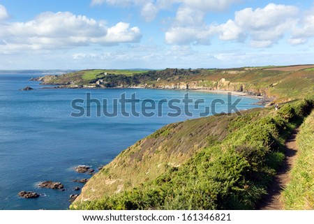 Kenneggy Sand Cornwall England west of Praa Sands and Penzance on the South West Coastal Path with blue sky and sea on a sunny day