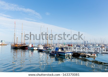 Brixham marina with boats and yachts in Devon England Torbay UK in summer with blue sea and sky