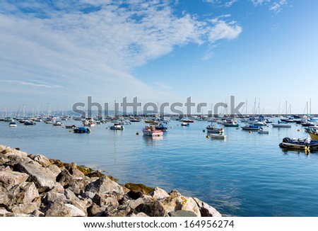 Boats by the yacht club Brixham harbour Devon England UK on a calm summer day with blue sky