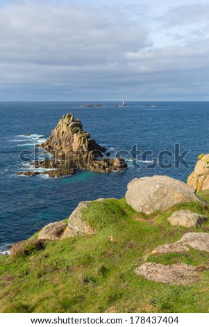 Lands End Cornwall England English tourist attraction the most westerly point of the country and tourist attraction on the Penwith peninsula eight miles from Penzance