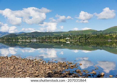UK Lake District Ullswater Cumbria England with mountains and blue sky on beautiful still summer day with water reflections from sunny weather