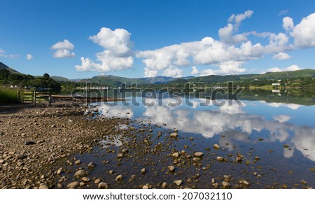 Lake District Cumbria England UK Ullswater with mountains and blue sky on beautiful still summer day with reflections from sunny weather