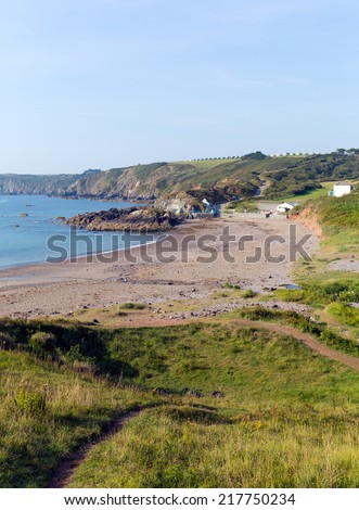 View of Kennack Sands beach Cornwall the Lizard Heritage coast South West England with blue sky on a sunny summer morning