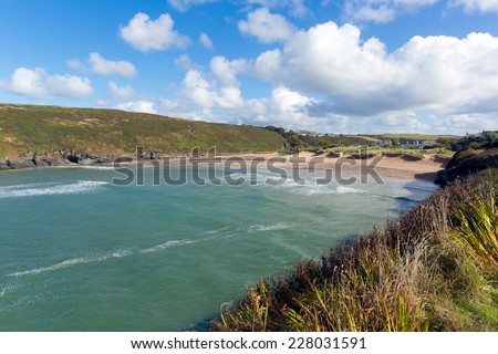 Sunshine blue sky and white clouds Porthcothan Bay Cornwall England UK Cornish north coast between Newquay and Padstow