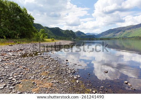 Peaceful calm relaxed summer morning in the English lake District at Derwent Water with view to Catbells