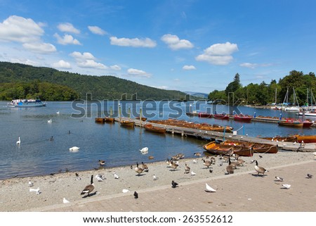 English Lake District Bowness on Windermere Cumbria UK on a beautiful summer day with blue sky with wildlife and jetty
