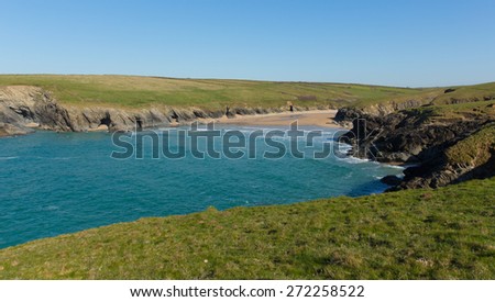 Polly Joke beach next to Crantock bay Cornwall England UK near Newquay and on South West Coast Path some know as Porth Joke in spring with blue sea and sky