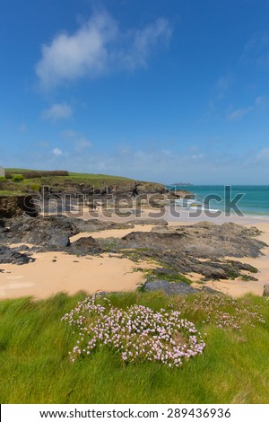 Harlyn Bay North Cornwall England UK near Padstow and Newquay from the South West Coast Path in spring with blue sky and sea