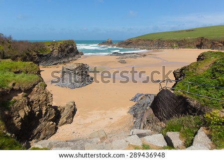 North Cornwall coast Trevone Bay England UK near Padstow and Newquay and on the South West Coast Path in spring with blue sky and sea