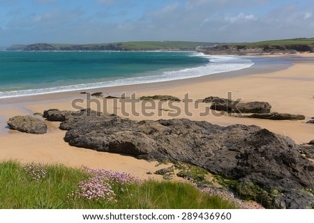 Rocky coast Harlyn Bay North Cornwall England UK near Padstow and Newquay and on the South West Coast Path in spring with blue sky and sea