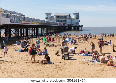 WESTON-SUPER-MARE, SOMERSET-AUGUST 8th 2015: Beautiful summer sunshine and warm weather drew visitors to the beach at Weston-super-Mare, Somerset on Saturday 8th August 2014