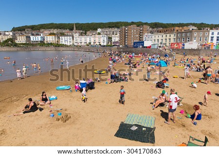 WESTON-SUPER-MARE, SOMERSET-AUGUST 8th 2015: Beautiful summer sunshine drew visitors to the beach at Marine Lake Weston-super-Mare, Somerset on Saturday 8th August 2014