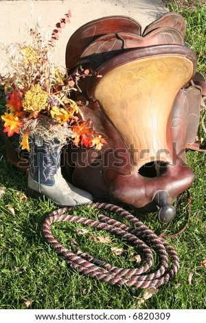 western saddle with boot on grass