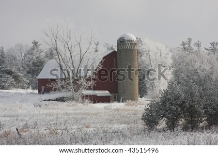 red Wisconsin dairy barn in winter with frosty trees