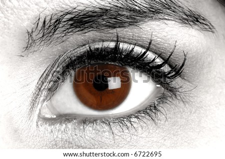 a colored brown eye against a desaturated skin tone