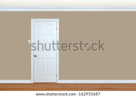 Bedroom Wall With Door, Baseboard And Crown Molding With Room For Text