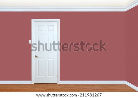 Bedroom wall and corner with door, baseboard and crown molding with room for text