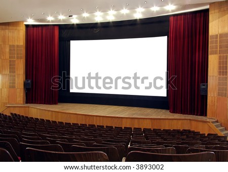 cinema; wooden walls and chairs, red velvet curtain, white empty screen,