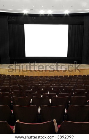 cinema, wooden seats and stage, black screen mask, white empty screen  (1:1,37)