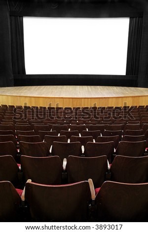empty movie screen, black open curtain, wooden stage, wooden seats