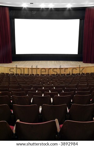 empty movie screen, red open curtain, wooden stage, wooden seats