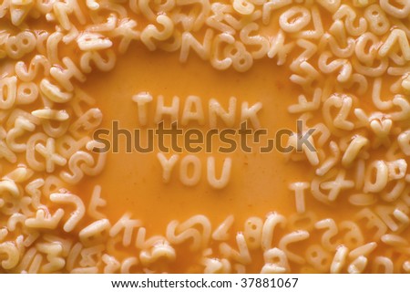 thank you made of food letters in ketchup soup