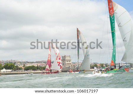 LISBON, PORTUGAL - JUNE 10: Sailing Teams on Volvo Ocean Race - Lisbon StopOver - Harbour Race June 10, 2012 in Lisbon, Portugal