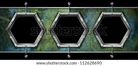 Three Hexagonal Metal Frames on a Grunge Wall  / Horizontal and grunge background with three hexagonal metallic frames