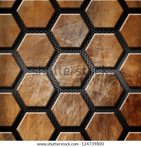 Brown Grunge Background with Hexagons / Rusty and brown grunge template with hexagons on a metallic and black background