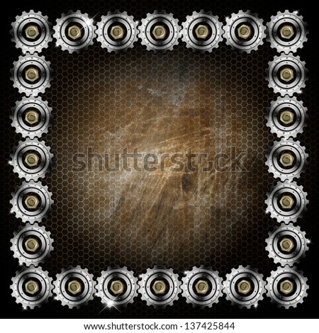 Grunge Metal Background with Gears / Metallic and brown template background with metal gears