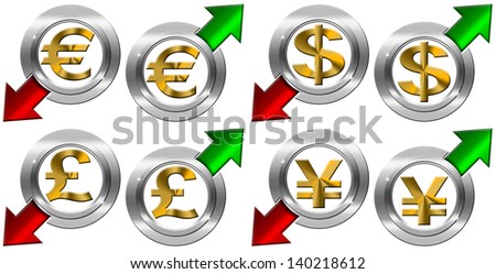 Currency with Positive and Negative Arrow / 4 currency symbols euro pound dollar yen with green and red arrows