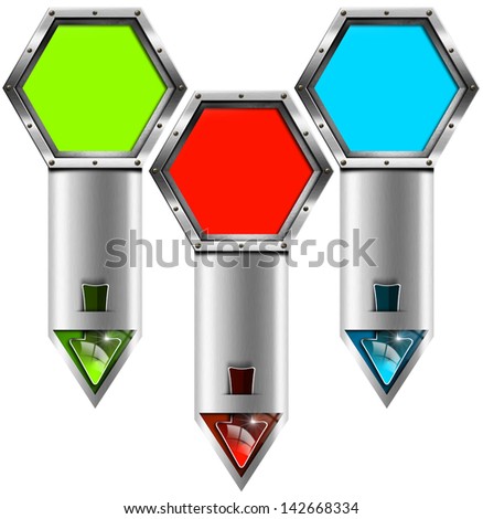 Metal Banners with Double Arrow / Three metal banners with hexagon and double colored arrow: red, green and blue