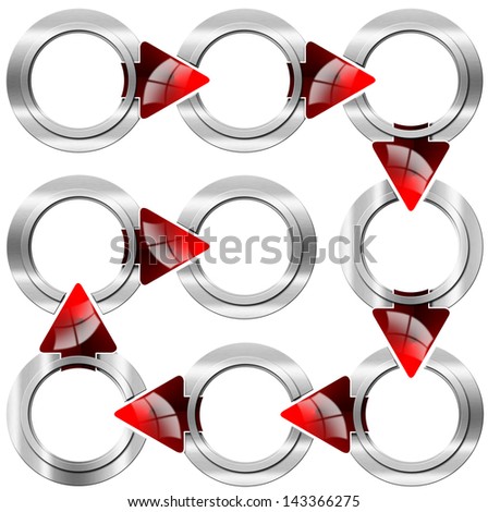 Next Step Round Metal Box with Red Arrows / Next step with nine modular circular metal boxes and red arrows